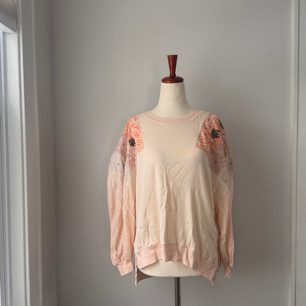 We The Free Peach and Cream Floral Patchwork Blouse XS Oversized Top